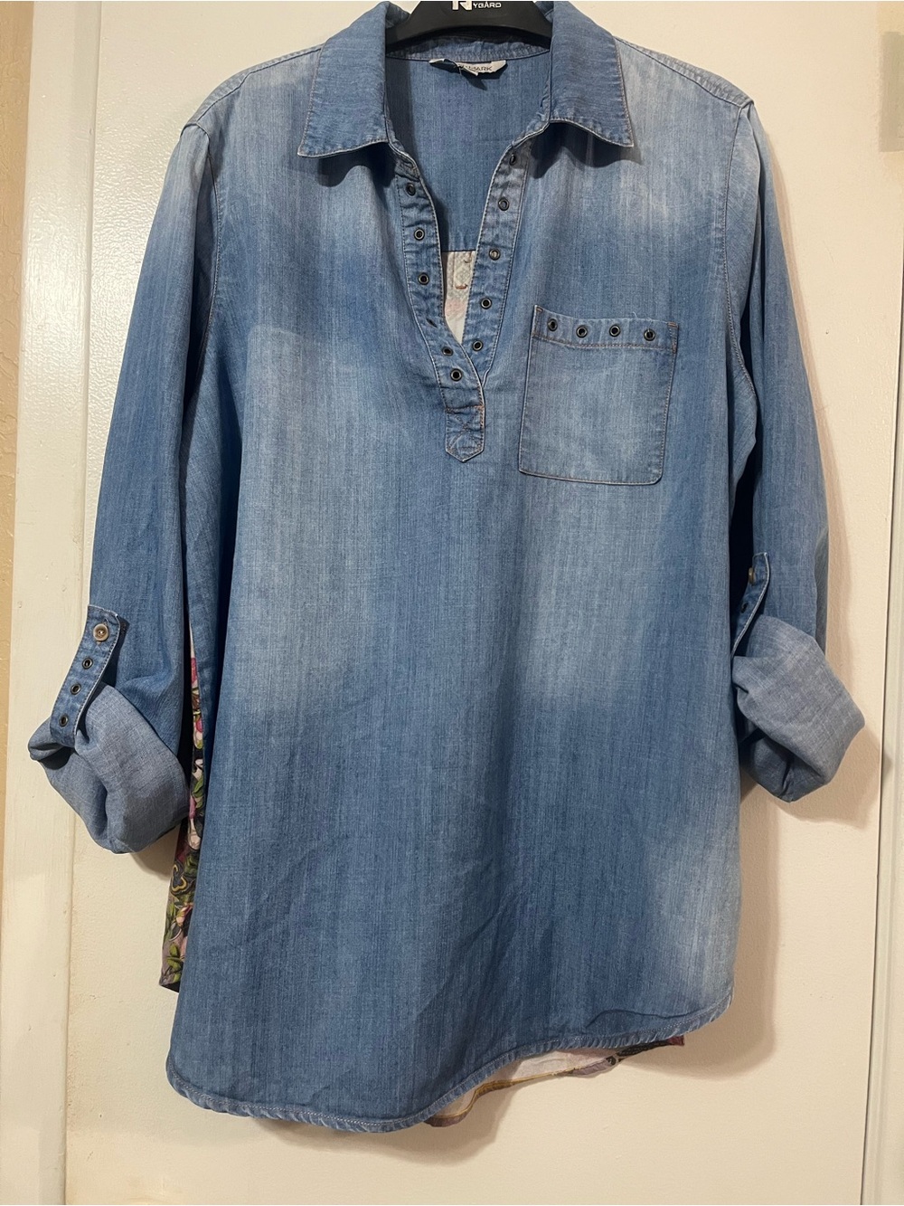 John Mark L Light Wash Distressed Denim-Floral Print Tunic Top with Eyelet Trim